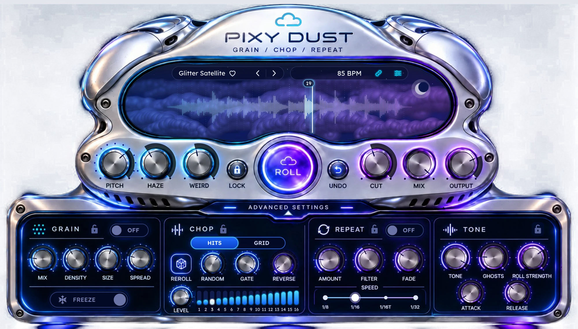 The Pixy Dust plugin window: a chrome body with a night sky screen showing the waveform, the Pitch, Haze, Weird, Cut, Mix and Output knobs around a glowing Roll button, and the advanced drawer open with Grain, Chop, Repeat and Tone sections